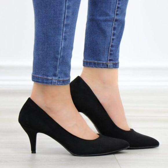 Shoes - Black Suede Pointy Toe Kitten Low Heel Pumps